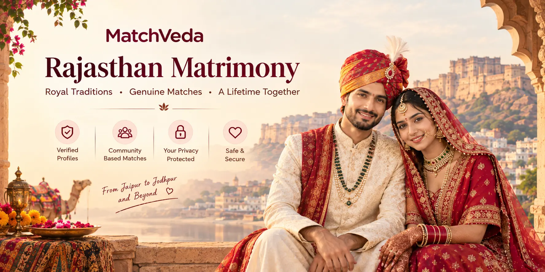 Rajasthan matrimony featuring a traditional Rajasthani bride and groom with royal heritage and culture on MatchVeda